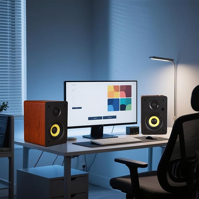 Sanyun SW206 4” HiFi Bookshelf Speakers with Studio Mode 80W Active Bluetooth 5.4/Optical/Coaxial/TRS/Aux/24bit DAC USB for Turntable TV PC Desktop Wooden Enclosure Remote Control Red