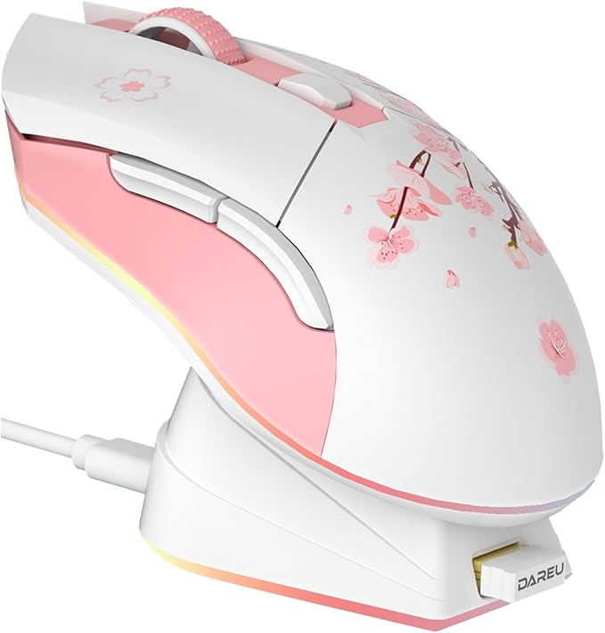 DAREU Sakura Pink Wireless Gaming Mouse with Charging Dock Rechargeable RGB12K DPI6 Programmable Buttons High-Precision Sensor [300IPS] [1000Hz] for PC Notebook Mac