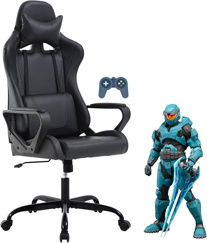 Ergonomic Gaming Chair High Back PU Leather Office Chair with Adjustable Lumbar Support &amp Headrest – Swivel Computer Desk Chair for Adults Teens Kids – Heavy Duty Executive Red Game Chair - Bla