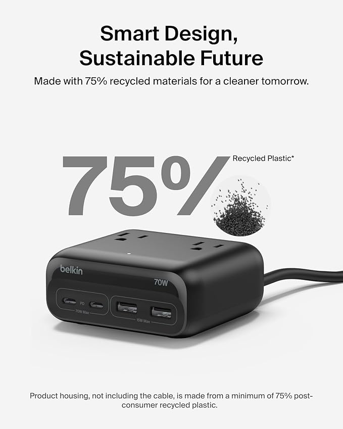 Belkin GaN Charging Station 70W 7-in-1 Dual USB C Charger w/ 3X AC Outlets 2X USB A Ports - Power Strip for iPhone Apple Watch iPad MacBook Chromebook Samsung Galaxy Pixel 10 &amp More - Bla