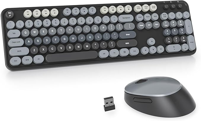 Owpkeenthy Retro Keyboard and Mouse Wireless Cute Black Keyboard with Retro Typewriter Style Full-Sized with Number Pad Round Keys for Desktop Laptop and Computerr (Gradient Dark)