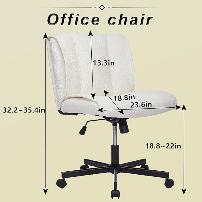 Armless Office Desk Chair with Wheels Cross Legged Wide ChairComfortable Adjustable Swivel Computer Task Chairs for Home OfficeMake Up Small Space Bed Room Load 250 LBS Easy Assembly Whtie
