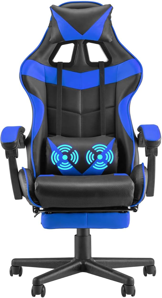 Huracan Gaming Computer Chair with Footrest Adjustable Video Game Chairs for Adults Heavy Duty Office Chair with Headrest and Lumbar Support Blue