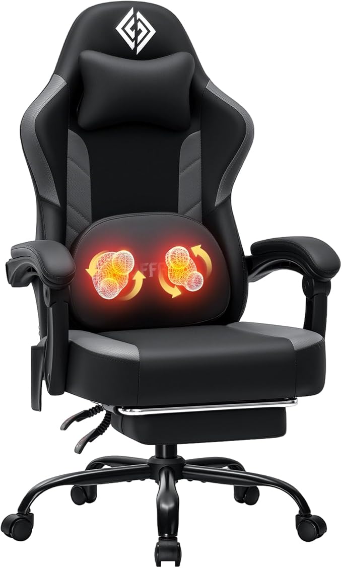 HOFFREE 3D Kneading Massage Gaming Chair with Heated Massage Lumbar Support Office Computer Chairs for Adults with Footrest Ergonomic Comfy Game Chair for Gaming Office 400lbs Black