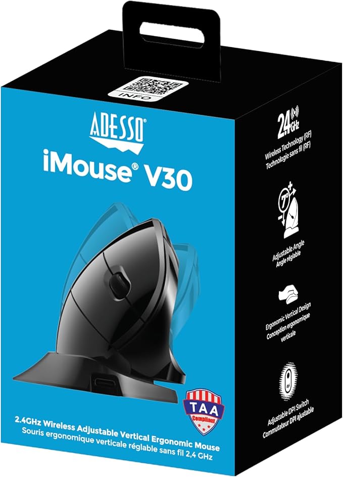 Adesso iMouse V3-TAA USB Adjustable Wrist Angle Vertical Ergonomic Mouse Made in Taiwan (TAA Compliant)