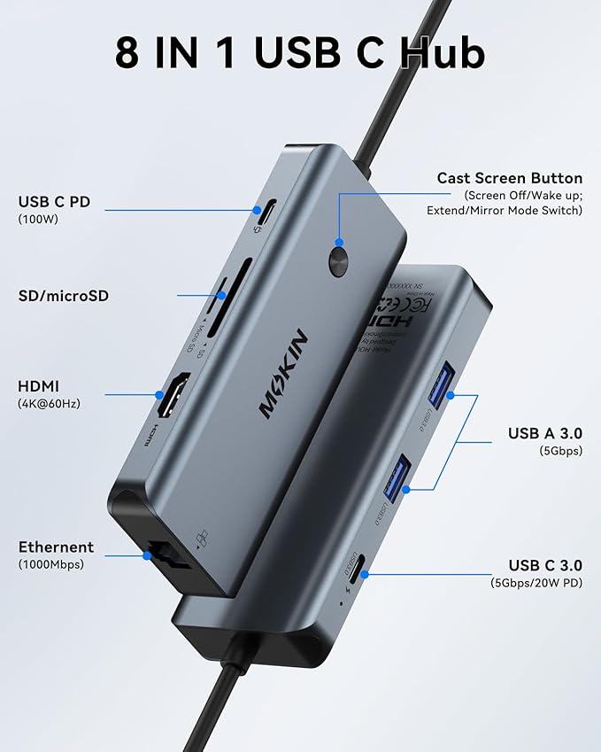 USB C Hub for MacBook Pro/AirMac Dongle with 3 USB PortUSB C to HDMI USB C to RJ45 EthernetMOKiN 8 in 1 USB C to HDMI Adapter100W PD Charging USB C to SD/TF Card Reader USB C Hub