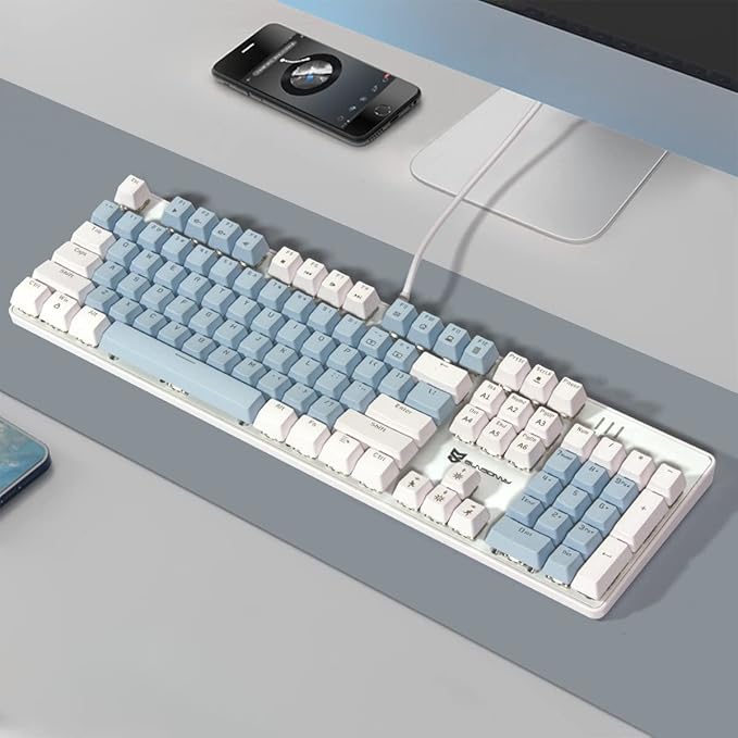 Full Size Wired Mechanical Gaming Keyboard | Blue Switch Led Backlit 104 Keys US Layout Mechanical Computer Keyboards | Hot Swappable Blue &amp White Keycaps Light Up PC Gaming Keyboard