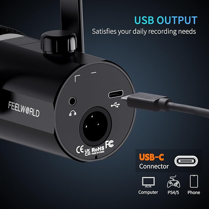 FEELWORLD PM1 XLR USB Dynamic Microphone with Desktop Stand Gifts for Podcast Recording PC Computer Gaming Live Streaming Vocal Voice-Over Studio Metal Mic RGB Light Mute Button Headphones Jack