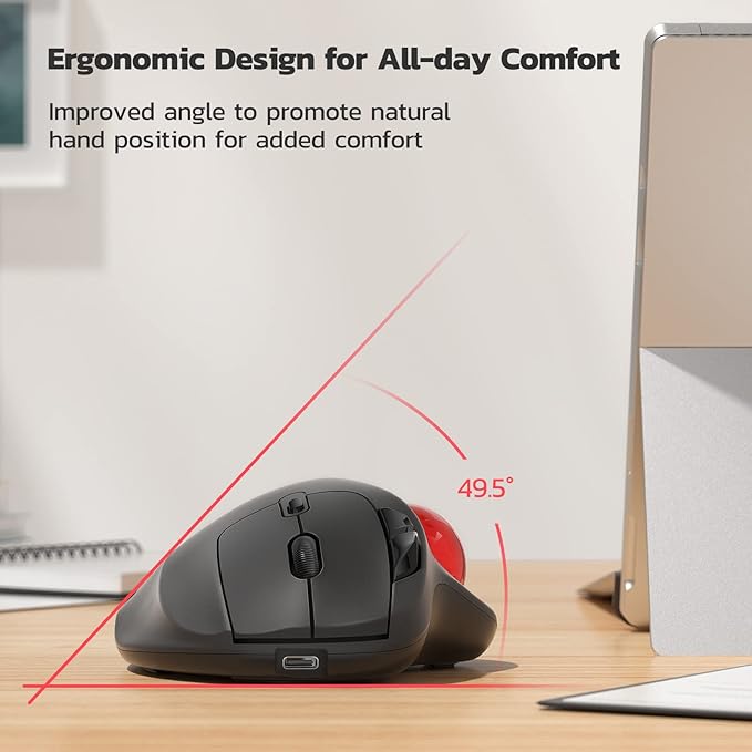 Nulea M501 Wireless Trackball Mouse Rechargeable Ergonomic Easy Thumb Control Precise &amp Smooth Tracking 3 Device Connection (Bluetooth or USB Receiver) Compatible for PC Laptop Mac Windows