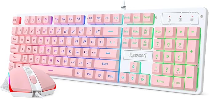 Redragon Updated S107WP Gaming Keyboard and Mouse RGB Gaming Keyboard and 10000 DPI Mouse Combo with 25-Key Anti-Ghosting 1K Hz Programmable Mice with Software Plug &amp Play to PC Laptop - Pink