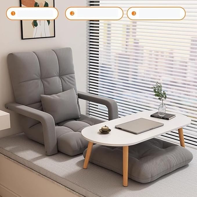 ELEFOCUS 6-Position Adjustable Folding Floor Chair - Comfy Recliner Gaming Sofa for Adults Lazy Lounge Couch with Arms(Grey)
