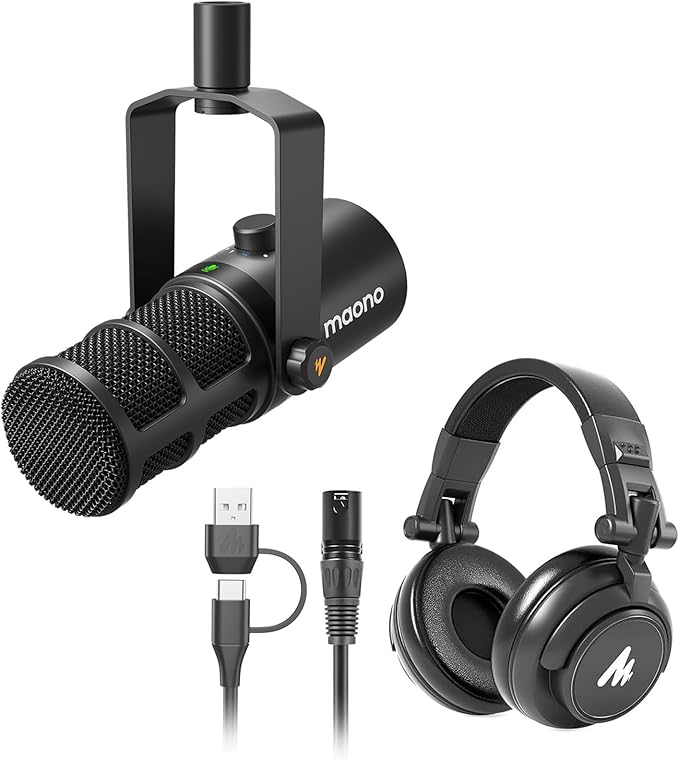 MAONO PD400X Podcast Dynamic Microphone with AU-MH601 Studio Monitor Headphones Bundle for Podcast Studio Streaming Recording Vocal