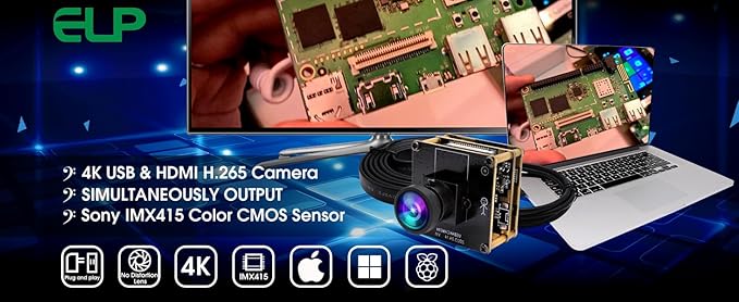 ELP 4K HDMI USB Camera - Wide Angle 2X Digital Zoom H.265 8MP UVC USB2.0 for Laptop &amp Monitor