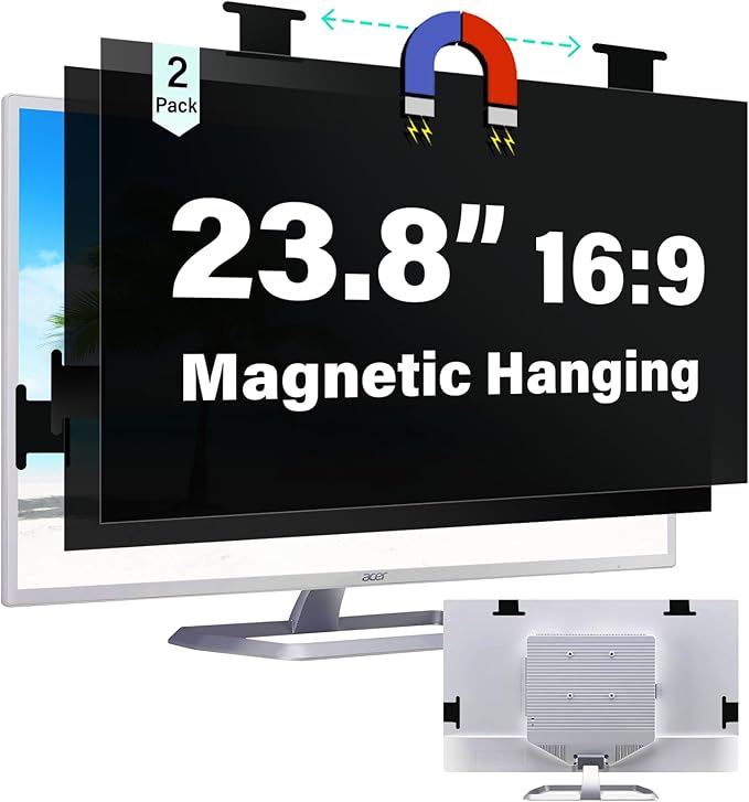 [2 Pack] Magnetic Hanging 23.8 Inch Computer Privacy Screen for 16:9 Aspect Ratio Widescreen Monitor Eye Protection Anti Glare Blue Light Computer Monitor Privacy Filter Removable 23.8 in Protector