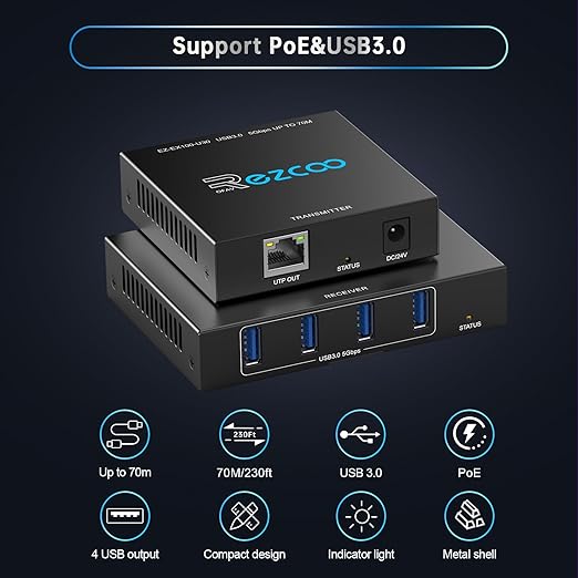 USB 3.0 Extender 330ft 100m 4-Port USB Extender Over Cat5e Cat6 RJ45 LAN Extension POE 5V Low-Power Consumption USB Extender Ethernet Work Sync Windows MacOS Android Linux No Driver