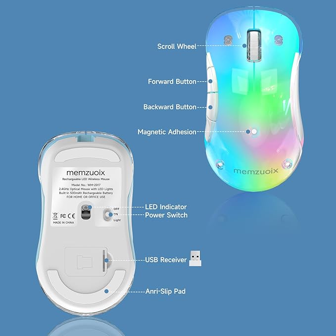 memzuoix 2.4G Wireless Mouse with Customizable Cover &amp 9-Color LED - Rechargeable Ergonomic 1400 DPI 5 Buttons USB Receiver for PC/Mac - Blue