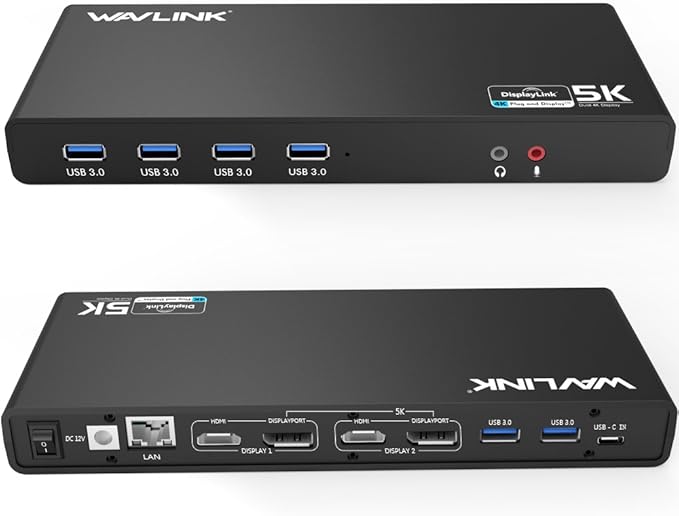 DisplayLink Universal Docking StationWAVLINK 15-in-1 USB C Ultra 5K Dual 4K HD Multiple Display Dock with 2xHDMI/DPGigabit Ethernet6xUSB 3.0Type CAudioMicfor New MacBook NeoWindowsMac