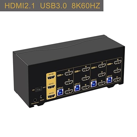 CKLau Triple Monitor HDMI KVM Switch 4 Port with Cables Microphone Audio USB 3.0 Hub Digital Display Supports 8K@60Hz 4K@144Hz Emulation EDID Hotkey Function