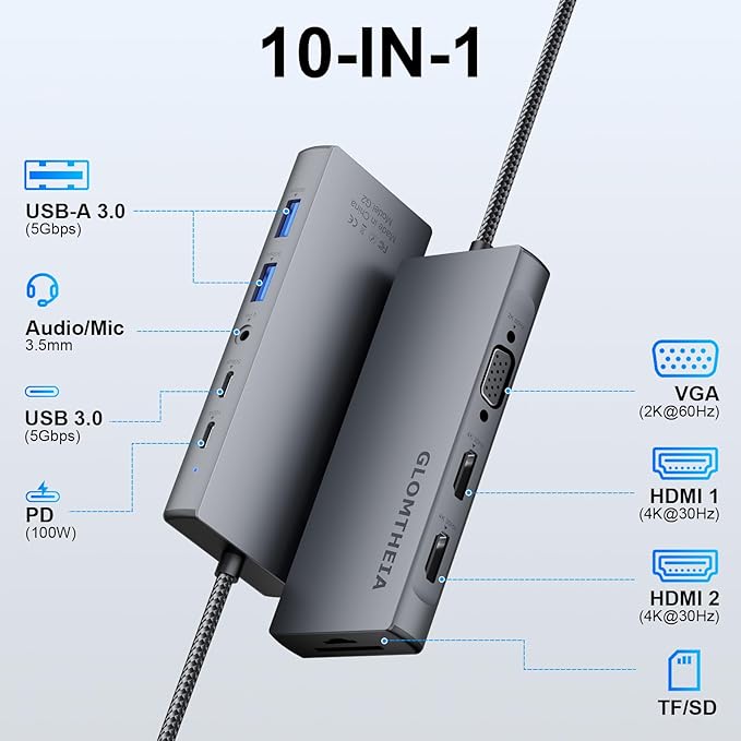Laptop Docking Station10-in-1 USB C Hub 4K Dual HDMI Monitors Adapter Powered Hub with 100W PD VGA 2xUSB-A 3.0 USB-C Data Port SD/TF Reader 3.5mm Audio USB Hub for MacBook Pro XPS