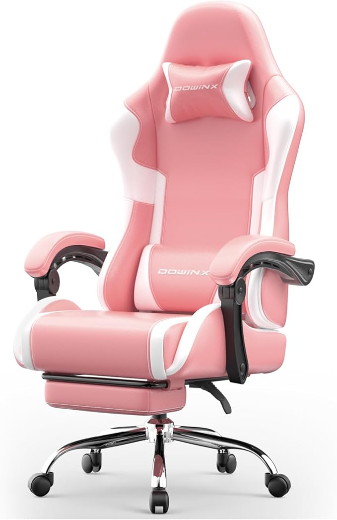 Ergonomic Gaming Chair with Footrest Heavy Duty 330lbs Office Chair Massage Lumbar Support Adjustable Height &amp Headrest Pillow Comfortable for Back Pain Relief Streaming Long Gaming Rose