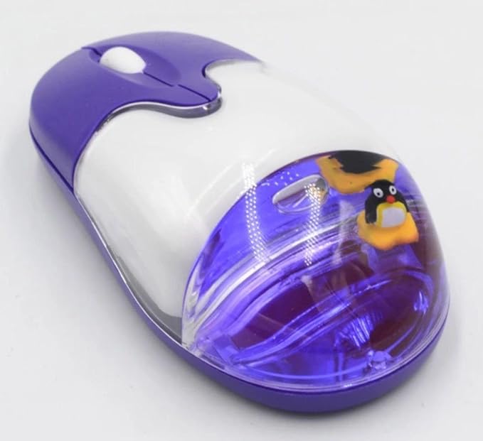 Wireless Aqua Mouse with Penguin Frutiger Aero Design 3D Purple USB Plug and Play Battery Powered
