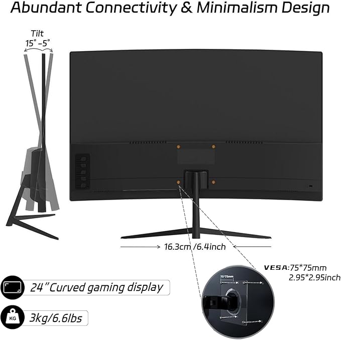 24 Curved Gaming Monitor FHD 1080P 100Hz Refresh Rate 3ms Fast Response FreeSync Eye Protection Display Slim Design with Speakers HDMI/DP VESA Compatible
