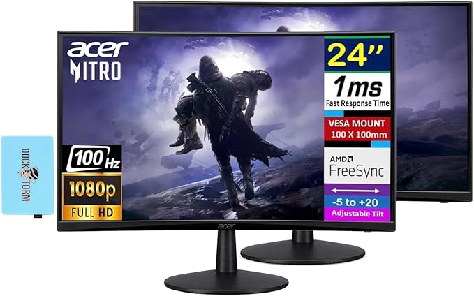 acer Nitro 24 Monitor FreeSync 100?Hz FHD 1500R Curve ZeroFrame Design with 1ms Response Time VESA Mount (100mm) VGA HDMI &amp Dockztorm USB Port Expander Black (2026) Dual Monitor Mount 2 Pack