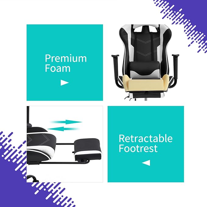 Gaming Chair Ergonomic Computer Racing Style Office Chair Adjustable High Back Gamer Chair for Home Office with Footrest Headrest Lumbar SupportWhite