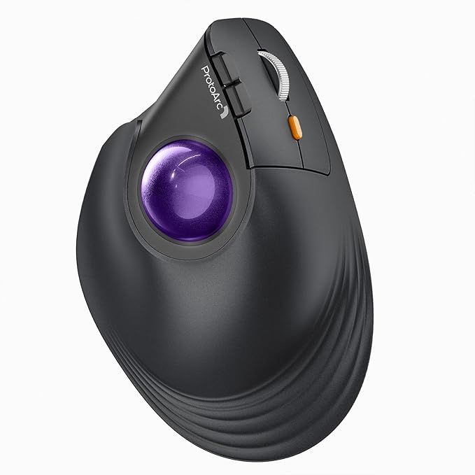 ProtoArc Vertical Wireless Trackball Mouse EM05 NL Bluetooth Ergonomic Rollerball Mouse Rechargeable Computer Laptop Thumb Mice 3 Device Connection Compatible with iPad Mac Windows PC-Purple
