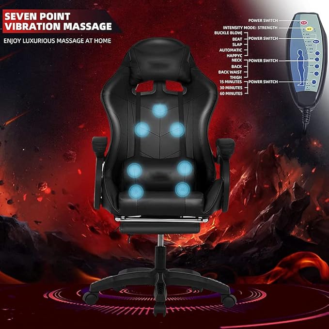 Full Massage Gaming Chairs with Footrest LED Gamer Chair with Speakers and Lumbar Support PU Leather Racing Swivel Rocker Office Chairs for Adults and TeensWhite