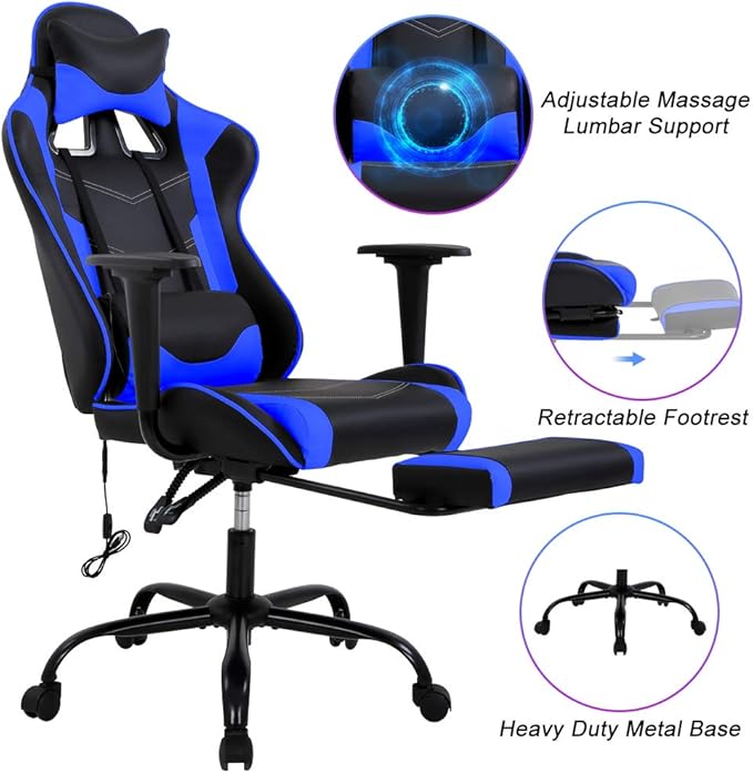 Gaming Chair with Footrest Massage Lumbar Support Ergonomic Racing Office Chair 360 Swivel PC Computer Desk Chair Adjustable Headrest and Arms Blue