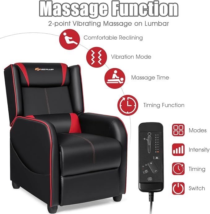 Goplus Massage Gaming Recliner Chair Racing Style PU Leather Single Recliner Sofa with Footrest Adjustable Modern Living Room Recliners Ergonomic Home Theater Recliner Seat (Red)