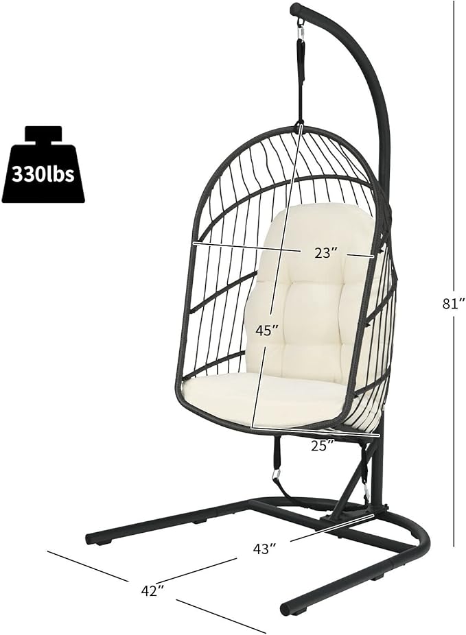 Office Chair Gaming Chair Computer Chair Hanging Wicker Egg Chair w/Stand Cushion Foldable Outdoor Indoor Beige