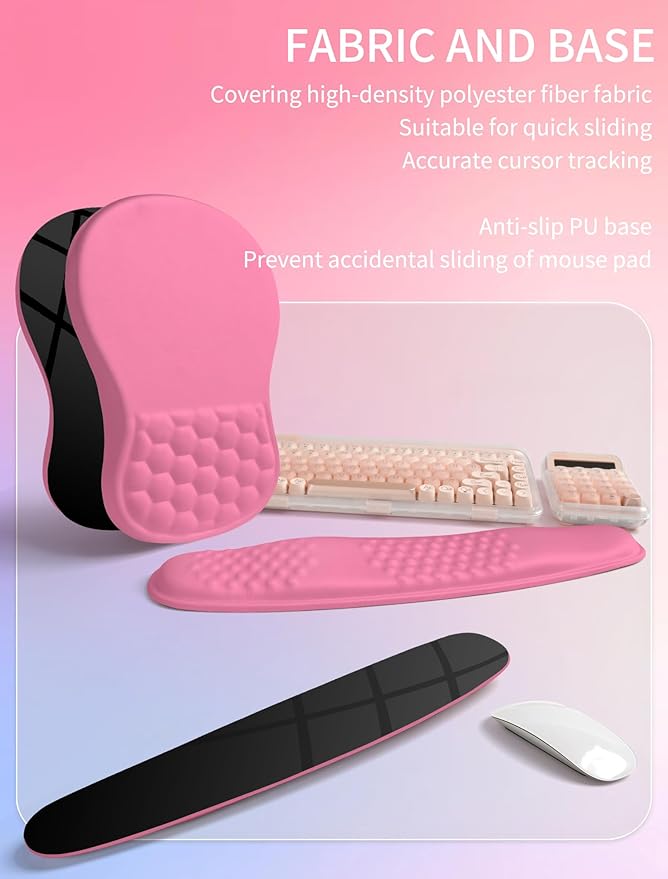 Hokafenle 2in1 Combination Wave Keyboard Wrist Rest and Ergonomic Curvature Mouse Pad Wrist Support for Relieve Wrist Pain Filled with Soft Cushion Memory Foam Tough Guy Pink