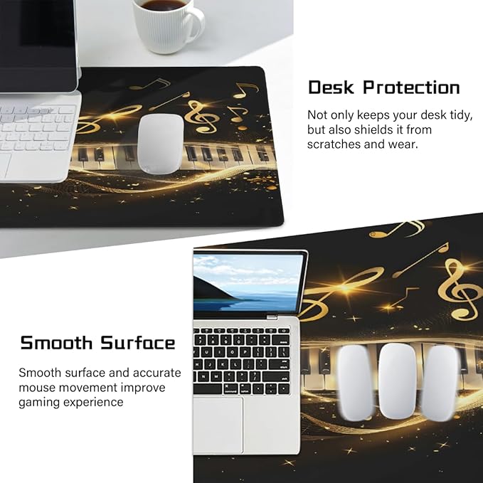 Gold Piano Music Note Large Mouse Pad Gaming Mousepad Desk Mat for Desktop Computer Keyboard Waterproof Mouse Mat Desk Pad with Non-Slip Base for Game School Office Home 35.4 x 15.7