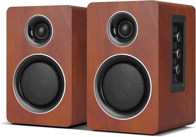 Computer Speakers for Desktop PC Active Bookshelf Speaker with 3‘’ Carbon Fiber Woofer and Silk Film Tweeter Supports Bluetooth 5.3 USB-C AUX/RCA Input for Record Player TV - Brown Stereo Set