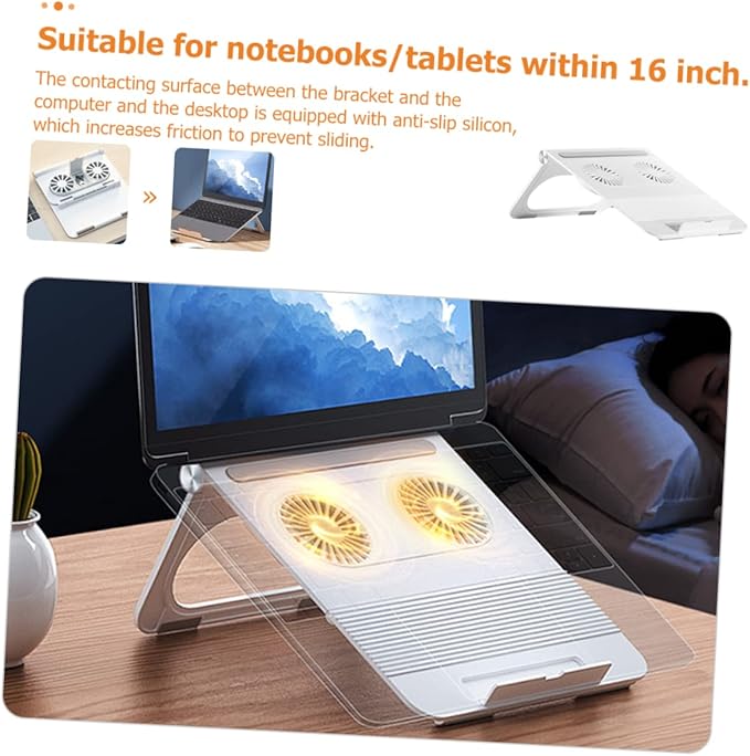 Laptop Stand with Dual Cooling Fans Stable Triangle Frame Non Slip Silicone Pads Foldable Notebook Holder with Storage for USB Memory Cards Compatible with Laptops