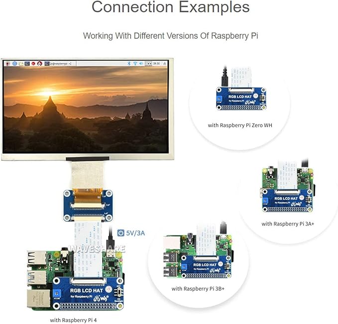 waveshare 7inch Display Compatible with Raspberry Pi 5/4B/3B/Zero/Zero W/Zero 2W/Pico/Pico W/Pico WH 1024×600 Resolution DPI Interface IPS No Touch