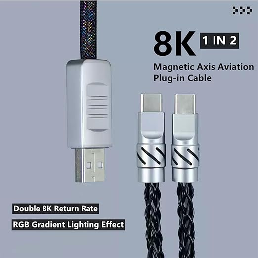 2-in-1 USB C Dual 8K Mechanical Keyboard Magnetic Axis Cable 6mm Thick Braided RGB Flash Cable No Interruption Metal Plug for Mechanical Keyboards/Mice/Hubs USB-C to USB-A1.5Meter (Pink)
