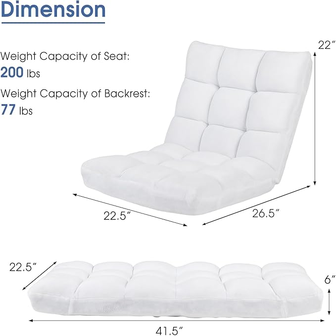 MAT EXPERT Floor Chair with Back Support Floor Gaming Chair w/ 14 Adjustable Position Soft Coral Fleece&ampAlloy Steel Frame Foldable Padded Lazy Couch Recliner for Meditating (White Large)