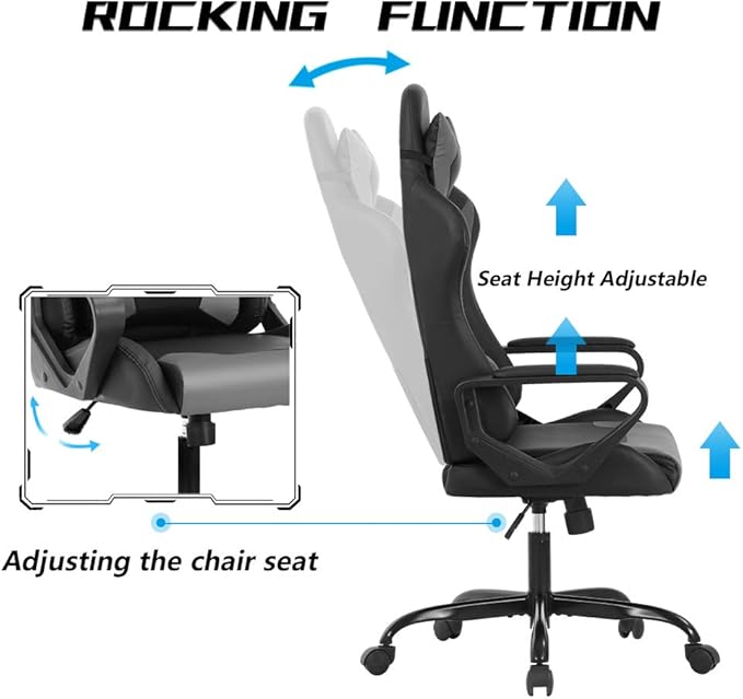 Racing Style Gaming Chair - High Back Ergonomic Executive Chair with Headrest Massage &amp Lumbar Support Grey