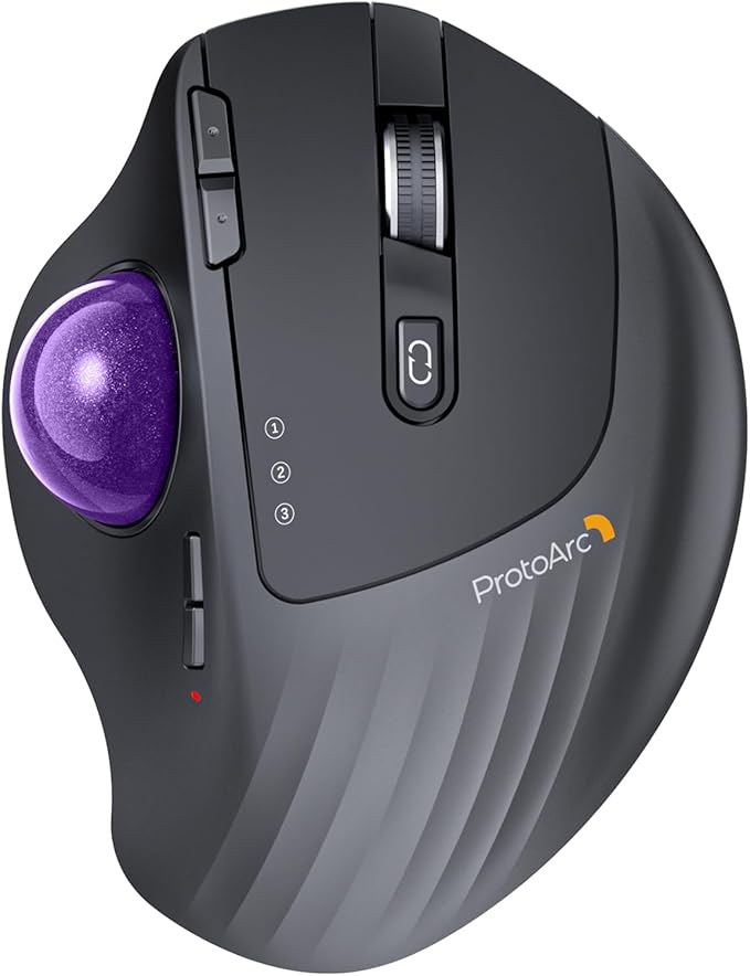 ProtoArc Wireless Trackball Mouse EM01 NL Ergonomic Bluetooth Rollerball Thumb Rechargeable Computer Laptop Mouse Adjustable Angle &amp 3 Device Connection for PC Mac Windows-Purple Ball