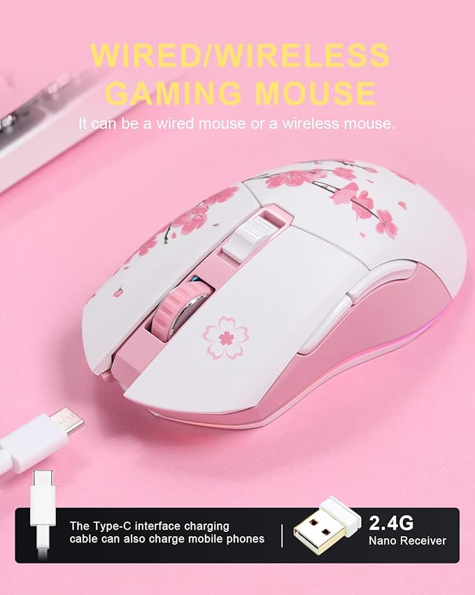 DAREU Sakura Pink Wireless Wired Gaming Mouse Dual-Mode Rechargeable 6 Programmable Buttons10K DPIRGB and 7 Adjustable DPI Levels up to [150IPS] [1000Hz Polling Rate] for PC Notebook Mac