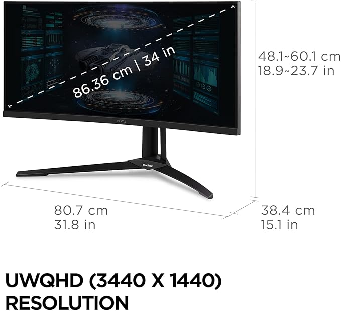 ViewSonic XG341C-2K 34 Inch 1440p 21:9 Curved Gaming Monitor 1ms 200Hz FreeSync Premium Pro Mini LED HDMI 2.1 USB C HDR1400