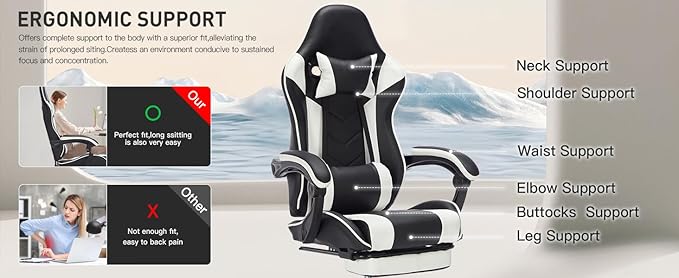 Ergonomic Office Chair Gaming Chair Home Office Computer Chair 330lbs 3-Level Tilt Backrest with Footrest Comfortable Headrest and Lumbar Support Swivel Rolling Seating (White)