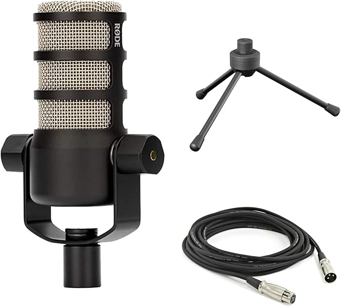 Rode PodMic Dynamic Podcast Microphone with Gator GFW-MIC-0250 Desktop Mic Stand XLR Cable and StreamEye Polishing Cloth