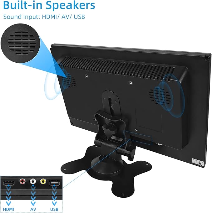 10.1 Inch Small Monitor Raspberry Pi Screen Built-in Speakers Mini Display 1024 x 600 60 Hz 5ms IPS Screen Display w/Remote Control HDMI VGA AV BNC Input Computer Monitor