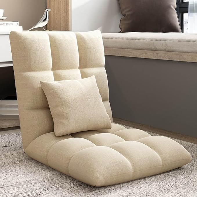 ELEFOCUS Floor Chair with 6 Adjustable Positions Folding Floor Gaming Chair with Pillow Meditating Floor Chair(/Khaki)