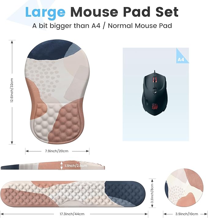 HAOCOO Ergonomic Mouse Pad with Wrist Rest and Keyboard Wrist Rest Set 3 PCS Computer Carpal Tunnel Mouse Pads for Desk with Coaster Memory Foam Mousepad Support for Office Women Boho Navy Pink