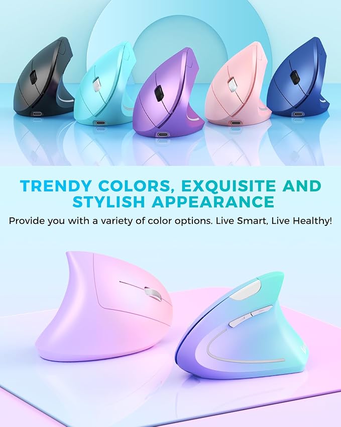 Lekvey Ergonomic Mouse Vertical Wireless Mouse Rechargeable 2.4G Optical Carpal Tunnel Mice: 800/1200 / 1600 DPI 6 Buttons for Laptop PC Mac Computer Desktop Notebook etc Green Purple